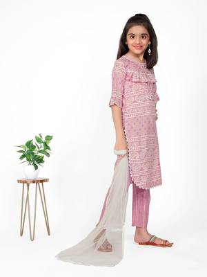 Pink printed cotton blend kurta trouser set with dupatta girls 3