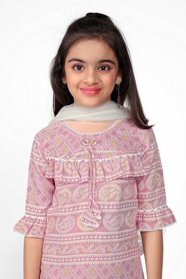 Pink printed cotton blend kurta trouser set with dupatta girls 4