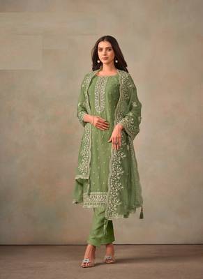 Sage Green Organza Zari Work Embroidered Salwar Suit 1