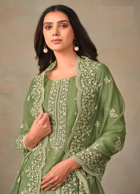 Sage Green Organza Zari Work Embroidered Salwar Suit 2