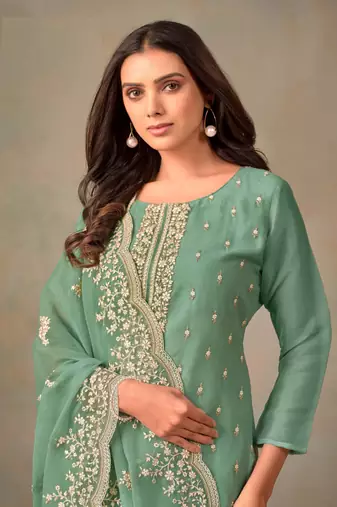 Green Embroidered Organza Salwar Suit
