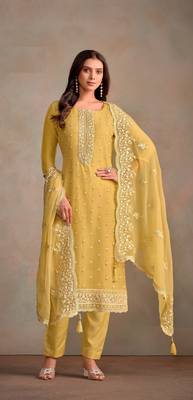 Yellow Organza Salwar Suit Zari Embroidery 1