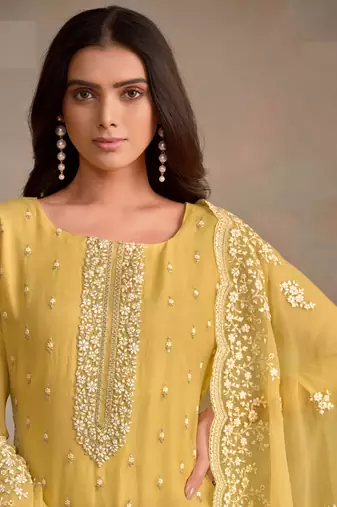 Yellow Organza Salwar Suit Zari Embroidery