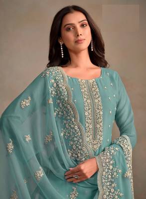 Sky Blue Organza Salwar Suit with Silver Zari Work 2