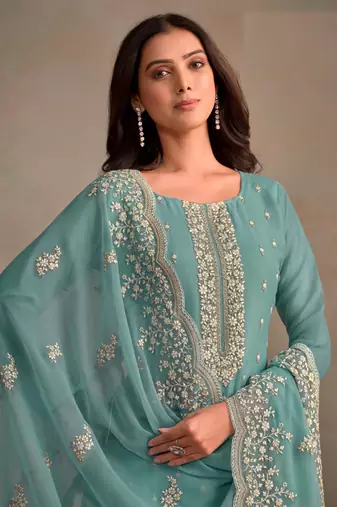 Sky Blue Organza Pakistani Salwar Suit with Silver Zari Work