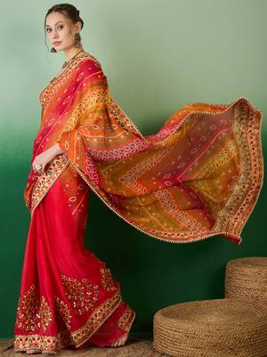 Riva enterprise women's soft mose chiffon with bhandhani print with heavy lace saree with blouse 2
