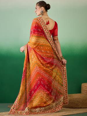 Riva enterprise women's soft mose chiffon with bhandhani print with heavy lace saree with blouse 4