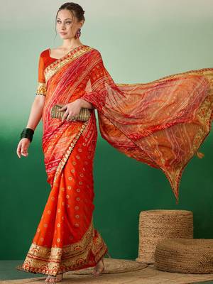 Riva enterprise women's soft mose chiffon with bhandhani print with heavy lace saree with blouse 2