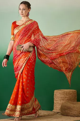Riva enterprise women's soft mose chiffon with bhandhani print with heavy lace saree with blouse