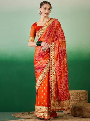Riva enterprise women's soft mose chiffon with bhandhani print with heavy lace saree with blouse 3