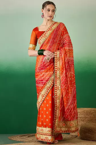 Riva enterprise women's soft mose chiffon with bhandhani print with heavy lace saree with blouse