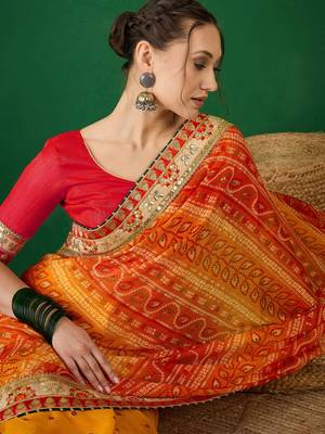 Riva enterprise women's soft mose chiffon with bhandhani print with heavy lace saree with blouse 2