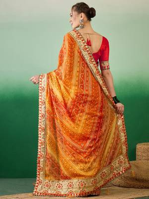 Riva enterprise women's soft mose chiffon with bhandhani print with heavy lace saree with blouse 4