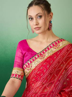 Riva enterprise women's soft mose chiffon with bhandhani print with heavy lace saree with blouse 2