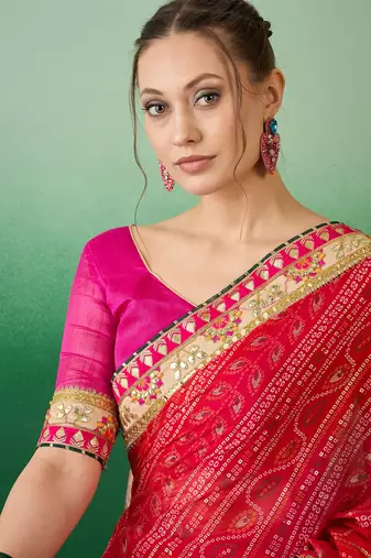 Riva enterprise women's soft mose chiffon with bhandhani print with heavy lace saree with blouse
