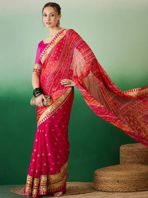 Riva enterprise women's soft mose chiffon with bhandhani print with heavy lace saree with blouse 3