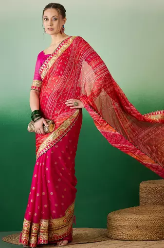 Riva enterprise women's soft mose chiffon with bhandhani print with heavy lace saree with blouse