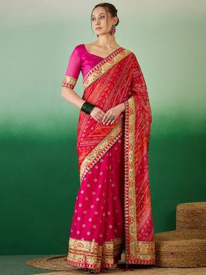 Riva enterprise women's soft mose chiffon with bhandhani print with heavy lace saree with blouse 1