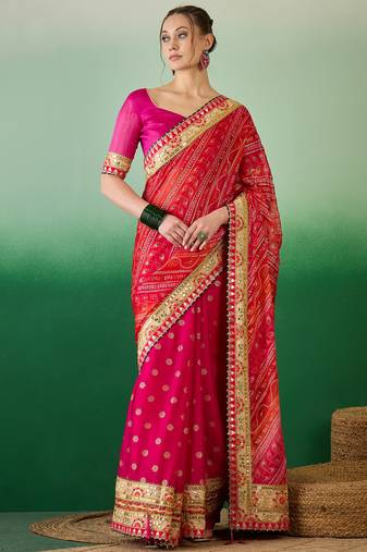Riva enterprise women's soft mose chiffon with bhandhani print with heavy lace saree with blouse