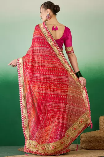 Riva enterprise women's soft mose chiffon with bhandhani print with heavy lace saree with blouse