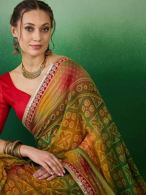 Riva enterprise women's soft exclusive georgette with bhandhani print with heavy lace saree with blouse 1