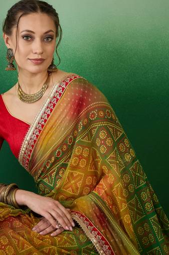 Riva enterprise women's soft exclusive georgette with bhandhani print with heavy lace saree with blouse