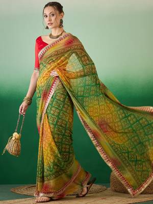 Riva enterprise women's soft exclusive georgette with bhandhani print with heavy lace saree with blouse 2