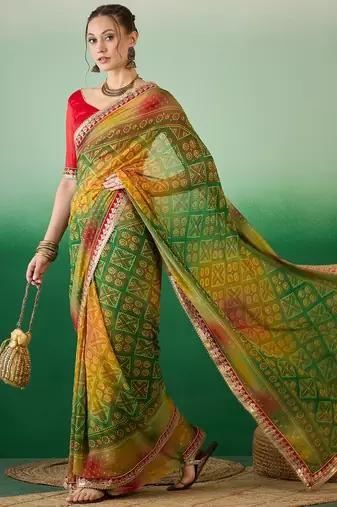 Riva enterprise women's soft exclusive georgette with bhandhani print with heavy lace saree with blouse
