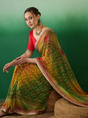Riva enterprise women's soft exclusive georgette with bhandhani print with heavy lace saree with blouse 3