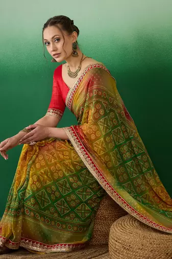 Riva enterprise women's soft exclusive georgette with bhandhani print with heavy lace saree with blouse