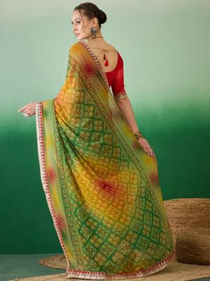 Riva enterprise women's soft exclusive georgette with bhandhani print with heavy lace saree with blouse 4