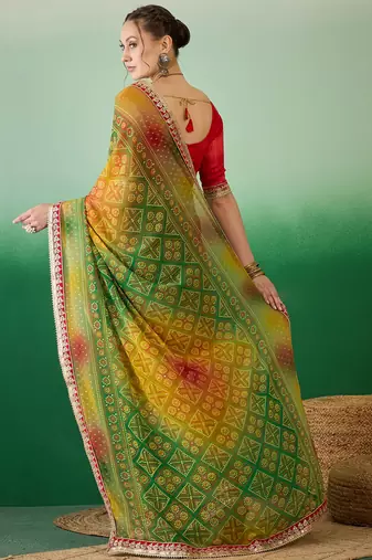 Riva enterprise women's soft exclusive georgette with bhandhani print with heavy lace saree with blouse