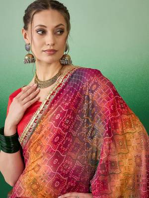 Riva enterprise women's soft exclusive georgette with bhandhani print with heavy lace saree with blouse 2
