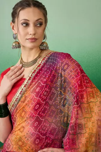 Riva enterprise women's soft exclusive georgette with bhandhani print with heavy lace saree with blouse