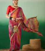 Riva enterprise women's soft exclusive georgette with bhandhani print with heavy lace saree with blouse