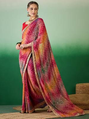 Riva enterprise women's soft exclusive georgette with bhandhani print with heavy lace saree with blouse 3