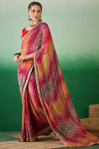 Riva enterprise women's soft exclusive georgette with bhandhani print with heavy lace saree with blouse