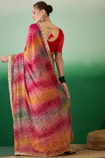 Riva enterprise women's soft exclusive georgette with bhandhani print with heavy lace saree with blouse