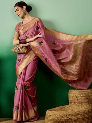 Riva Enterprise Women'S Assam Cotton Silk With Golden Border And Multicolor Thread Embroidered Saree 1