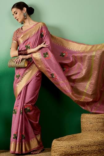 Riva Enterprise Women'S Assam Cotton Silk With Golden Border And Multicolor Thread Embroidered Saree