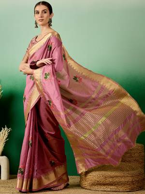 Riva Enterprise Women'S Assam Cotton Silk With Golden Border And Multicolor Thread Embroidered Saree 2