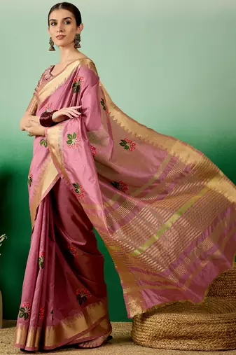 Riva Enterprise Women'S Assam Cotton Silk With Golden Border And Multicolor Thread Embroidered Saree