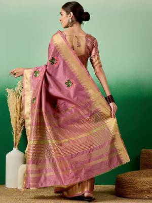 Riva Enterprise Women'S Assam Cotton Silk With Golden Border And Multicolor Thread Embroidered Saree 3
