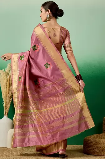 Riva Enterprise Women'S Assam Cotton Silk With Golden Border And Multicolor Thread Embroidered Saree