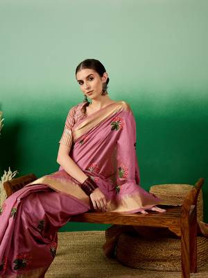 Riva Enterprise Women'S Assam Cotton Silk With Golden Border And Multicolor Thread Embroidered Saree 4