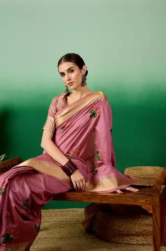 Riva Enterprise Women'S Assam Cotton Silk With Golden Border And Multicolor Thread Embroidered Saree