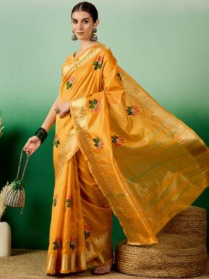 Riva Enterprise Women'S Assam Cotton Silk With Golden Border And Multicolor Thread Embroidered Saree 1
