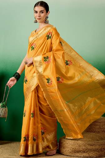 Riva Enterprise Women'S Assam Cotton Silk With Golden Border And Multicolor Thread Embroidered Saree