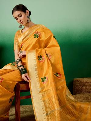 Riva Enterprise Women'S Assam Cotton Silk With Golden Border And Multicolor Thread Embroidered Saree 2