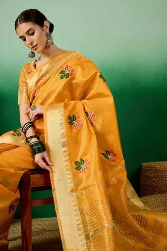 Riva Enterprise Women'S Assam Cotton Silk With Golden Border And Multicolor Thread Embroidered Saree